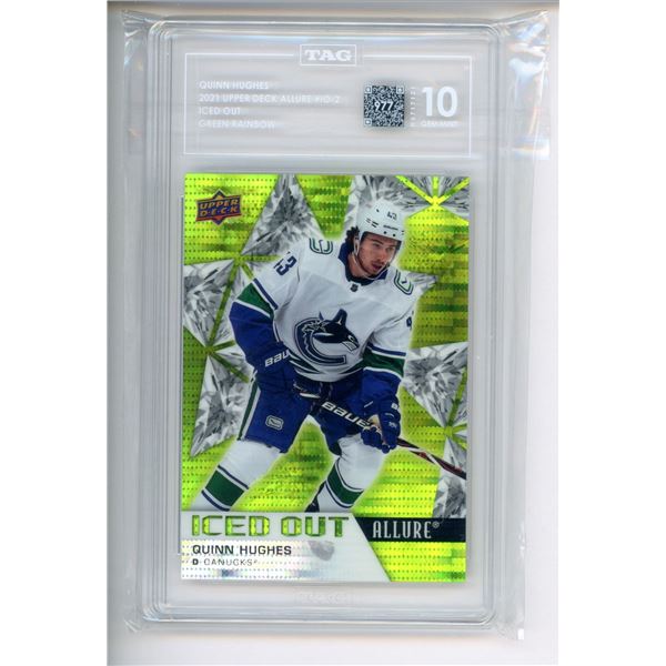 2021-22 Upper Deck Allure Iced Out Green Rainbow #IO2 Quinn Hughes TAG Graded 10