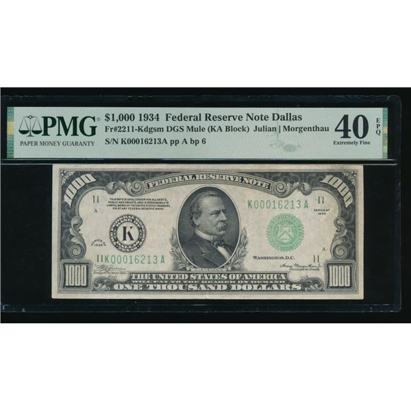 1934 $1000 Dallas Mule FRN PMG 40EPQ