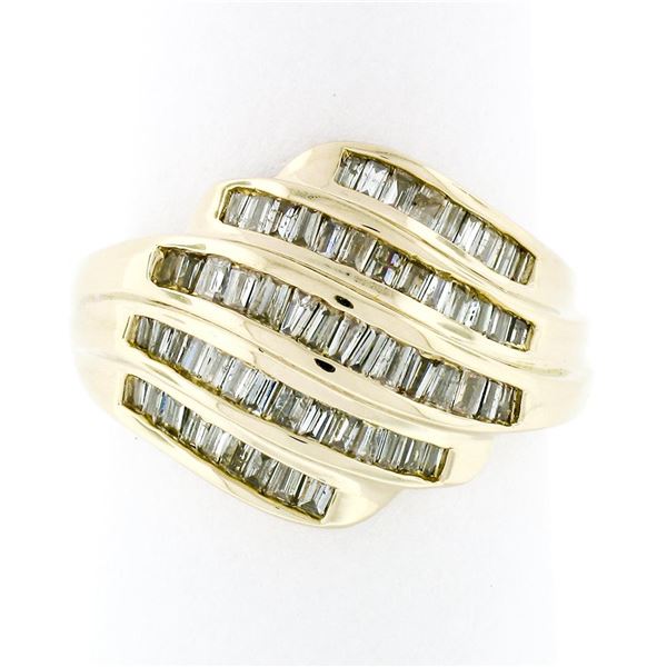 14k Yellow Gold 1.15 ctw 5 Channel Baguette Diamond Wide Tiered Swirl Band Ring