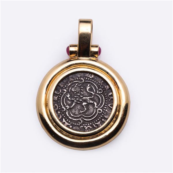 18K Yellow Gold Pendant with Rubies & Ancient Armenian Silver Coin