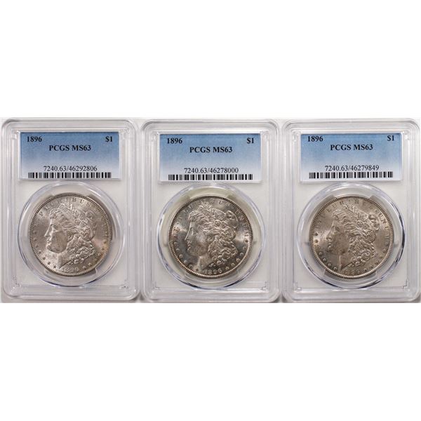 Lot of (3) 1896 $1 Morgan Silver Dollar Coins PCGS MS63