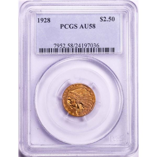 1928 $2 1/2 Indian Head Quarter Eagle Gold Coin PCGS AU58