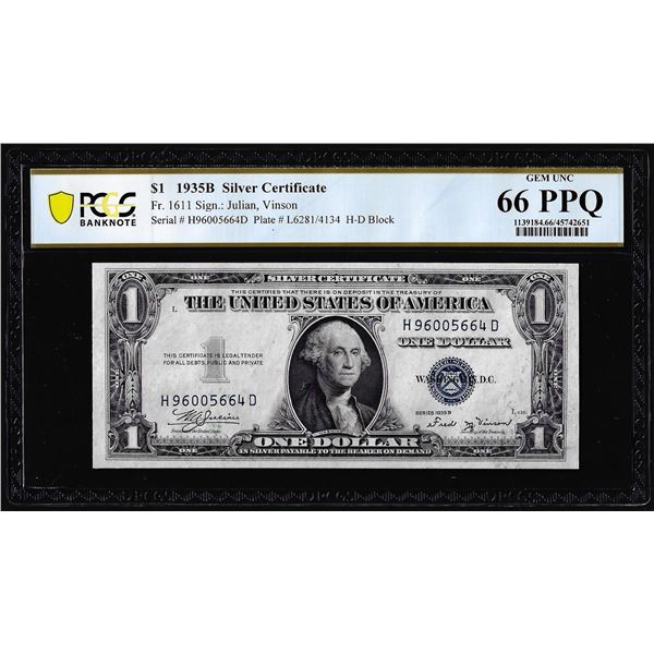 1935B $1 Silver Certificate Note Fr.1611 PMG Gem Uncirculated 66EPQ