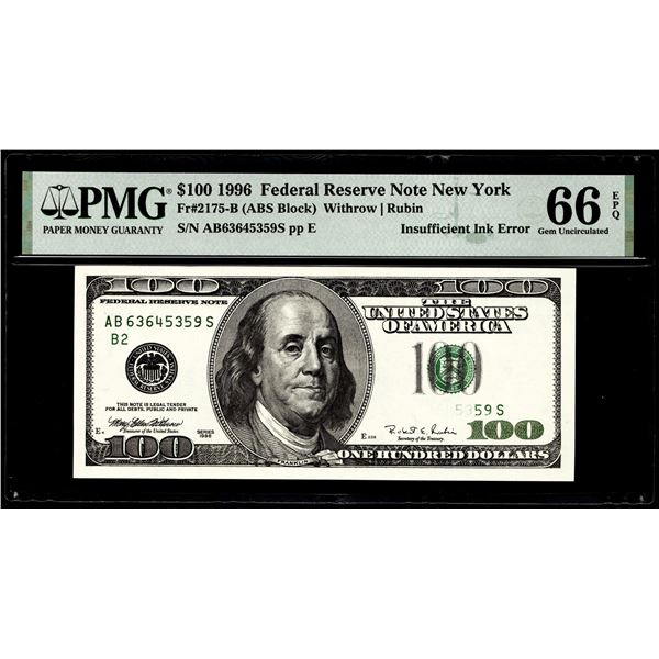 1996 $100 Federal Reserve Insufficient Ink Error Note PMG Gem Uncirculated 66EPQ