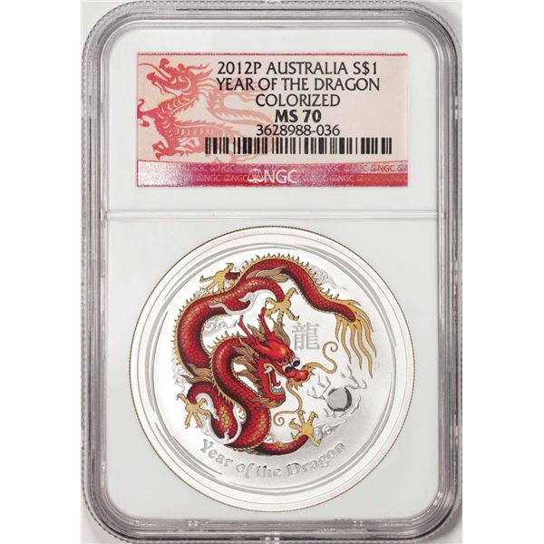 2012-P Australia $1 Year Of The Dragon Colorized Silver Dollar Coin NGC MS70