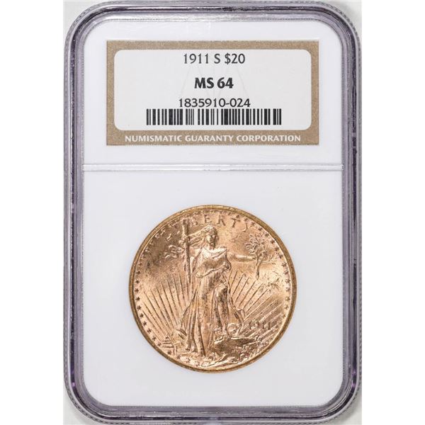 1911-S $20 St. Gaudens Double Eagle Gold Coin NGC MS64