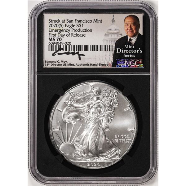 2020(S) $1 American Silver Eagle Coin NGC MS70 First Day of Release Moy Signature