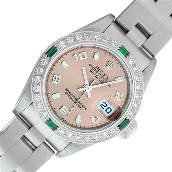 Rolex Ladies Stainless Steel Salmon Arabic Emerald and Diamond Datejust Wristwatch