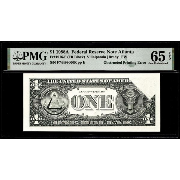 1988A $1 Federal Reserve Obstructed Printing Error Note PMG Gem Uncirculated 65EPQ