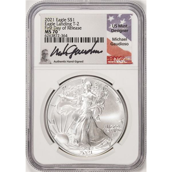 2021 Ty. 2 $1 American Silver Eagle Coin NGC MS70 First Day Release Gaudioso Signed