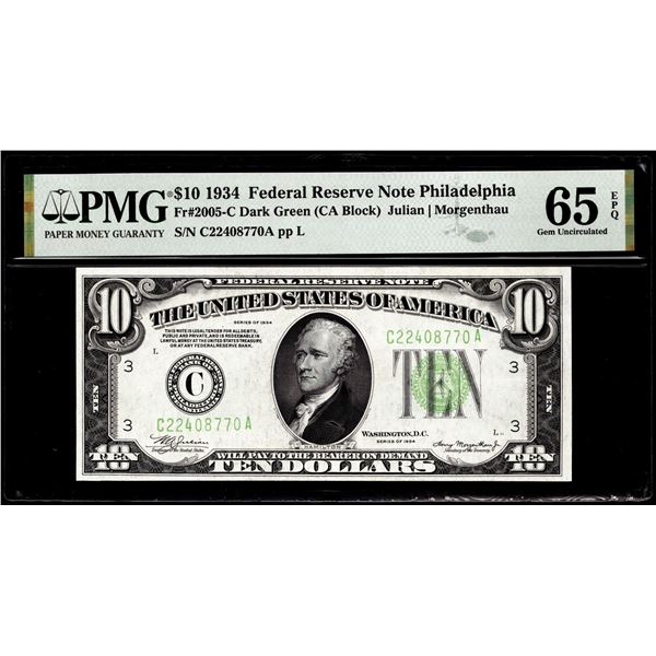 1934 $10 Federal Reserve Note Philadelphia Fr.2005-C PMG Gem Uncirculated 65EPQ