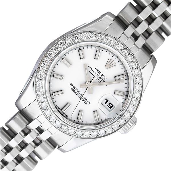 Rolex Ladies Stainless Steel White Index Diamond Datejust Wristwatch