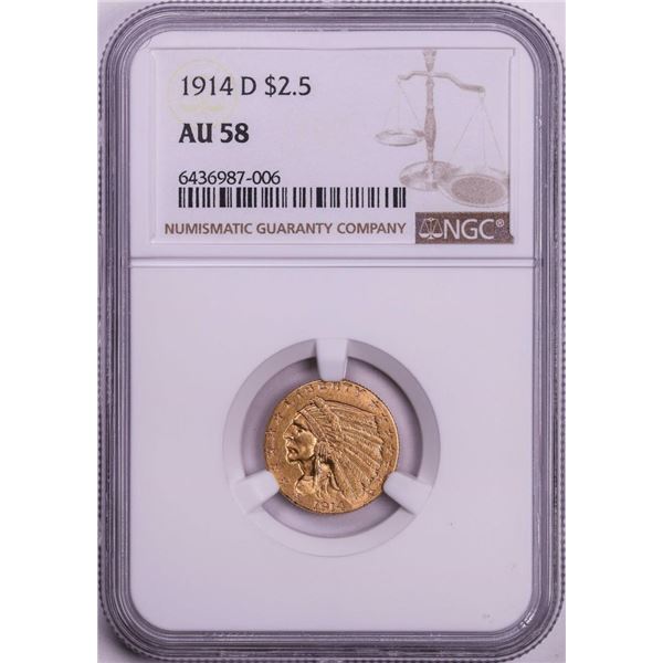 1914-D $2 1/2 Indian Head Quarter Eagle Gold Coin NGC AU58