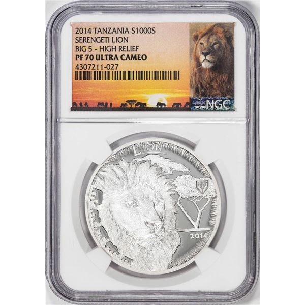 2014 Tanzania 1000 Shillings Serengeti Lion Big 5 HR Silver Coin NGC PF70 Ultra Cameo