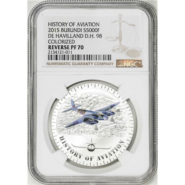 2015 Burundi 5000 Francs History of Aviation De Havilland 98 Silver Coin NGC Rev PF70