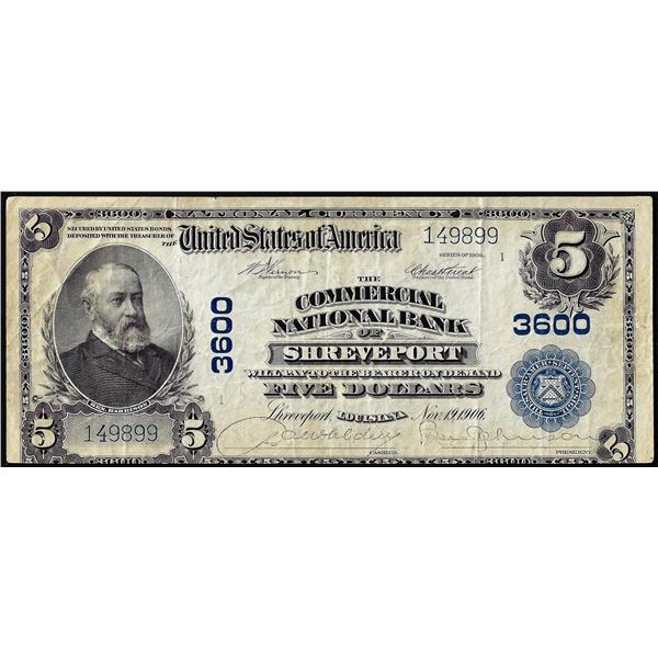 1902 $5 Commercial NB of Shreveport, Louisiana CH# 3600 National Currency Note