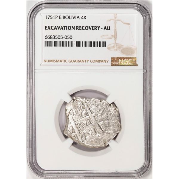 Shipwreck 1751P E Bolivia 4 Reales Silver Coin NGC AU Excavation Recovery