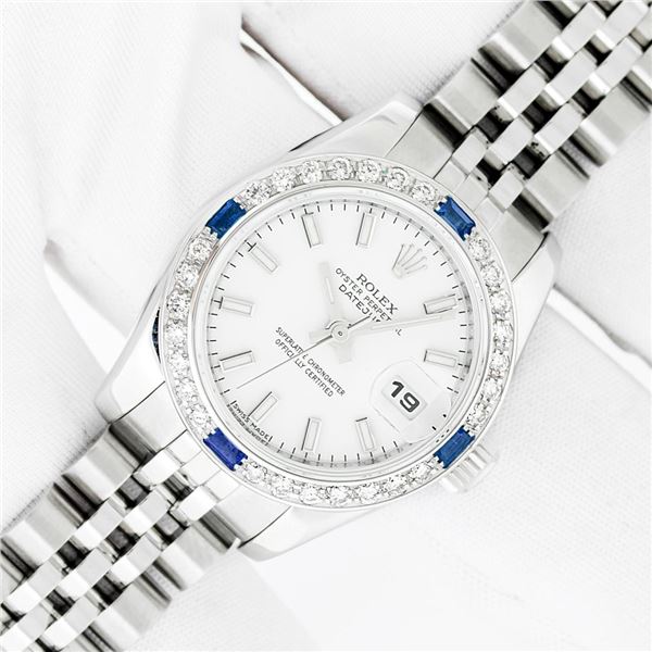 Rolex Ladies Stainless Steel White Index Sapphire and Diamond Datejust Wristwatch