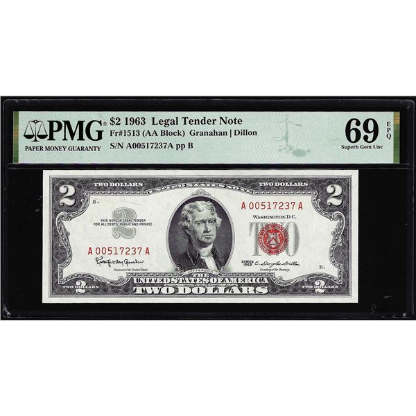 1963 $2 Legal Tender Note Fr.1513 PMG Superb Gem Uncirculated 69EPQ