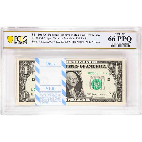 Pack of 2017A $1 Federal Reserve STAR Notes SF Fr.3005-L* PCGS Gem Uncirculated 66PPQ