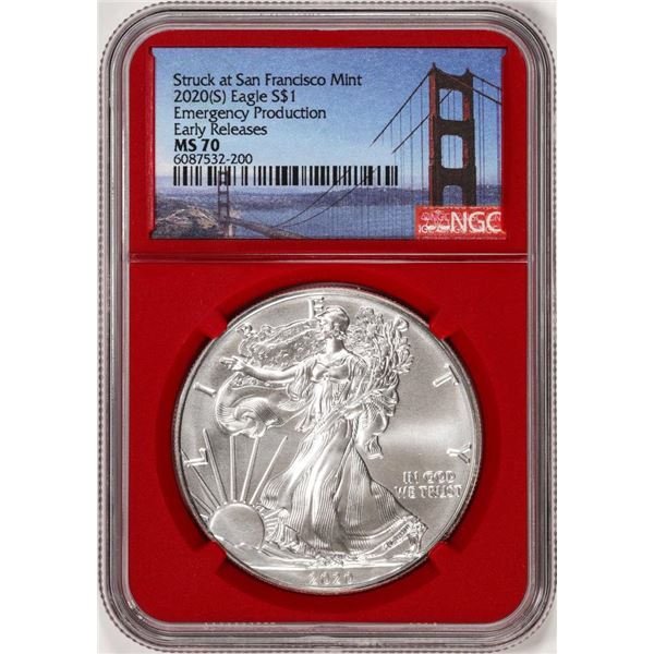 2020(S) $1 American Silver Eagle Coin NGC MS70 Early Releases San Francisco Red Core