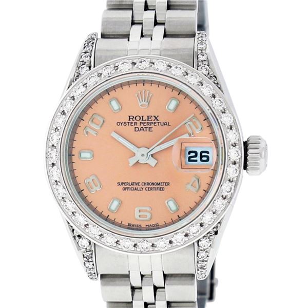 Rolex Ladies Stainless Steel Salmon Diamond Date Wristwatch