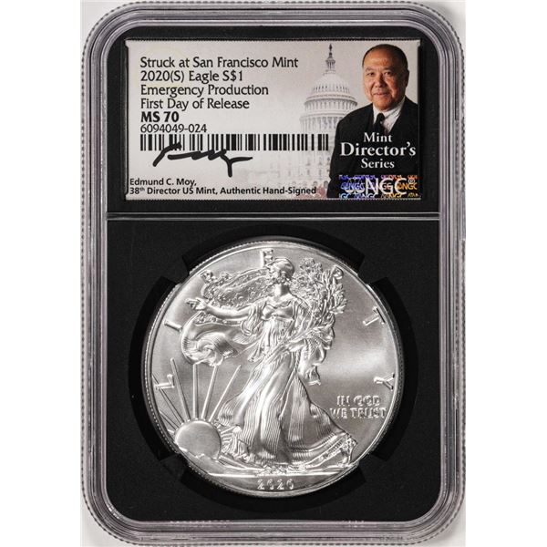 2020(S) $1 American Silver Eagle Coin NGC MS70 First Day of Release Moy Signature