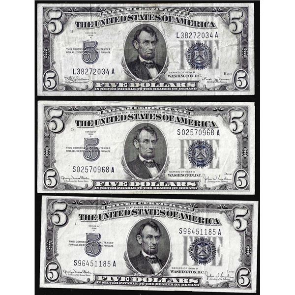 Lot of (3) 1934B/1934D $5 Silver Certificate Notes