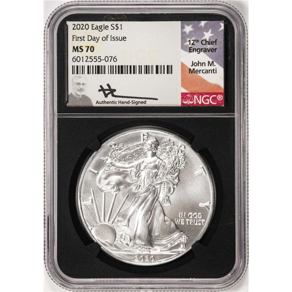 2020 $1 American Silver Eagle Coin NGC MS70 First Day of Issue Mercanti Signature