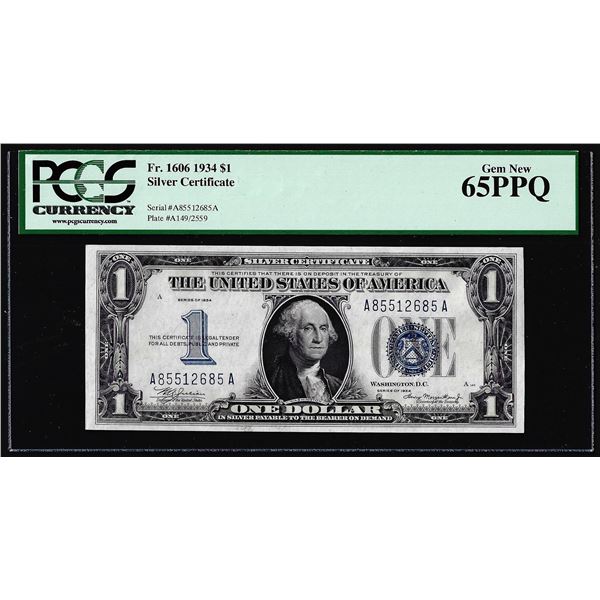 1934 $1 Funnyback Silver Certificate Note FR.1606 PCGS Gem New 65PPQ