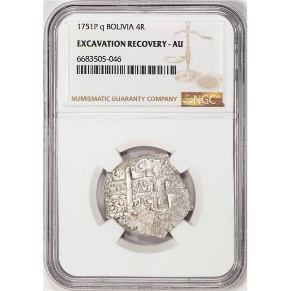 Shipwreck 1751P q Bolivia 4 Reales Silver Coin NGC AU Excavation Recovery