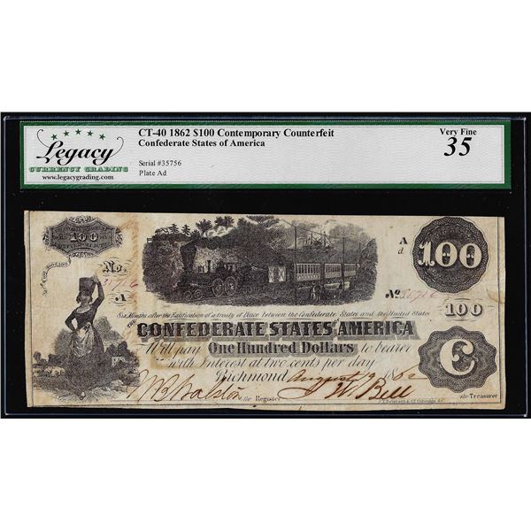 1862 $100 Contemporary Counterfeit Confederate States Note CT-40 Legacy Very Fine 35