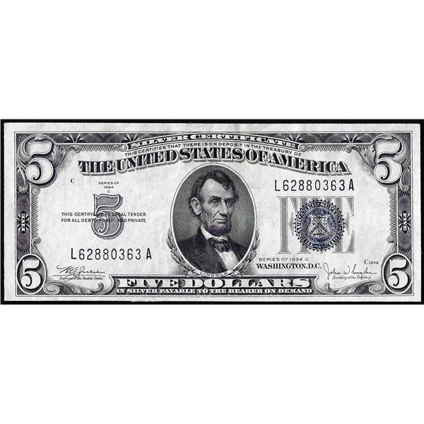 1934C $5 Silver Certificate Note