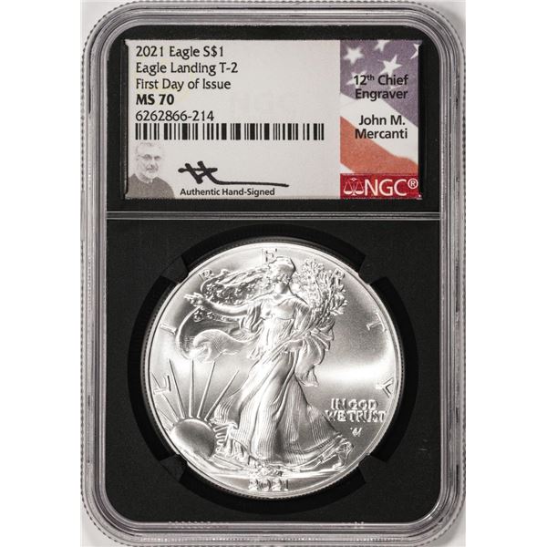 2021 Type 2 $1 American Silver Eagle Coin NGC MS70 First Day of Issue Mercanti Signed