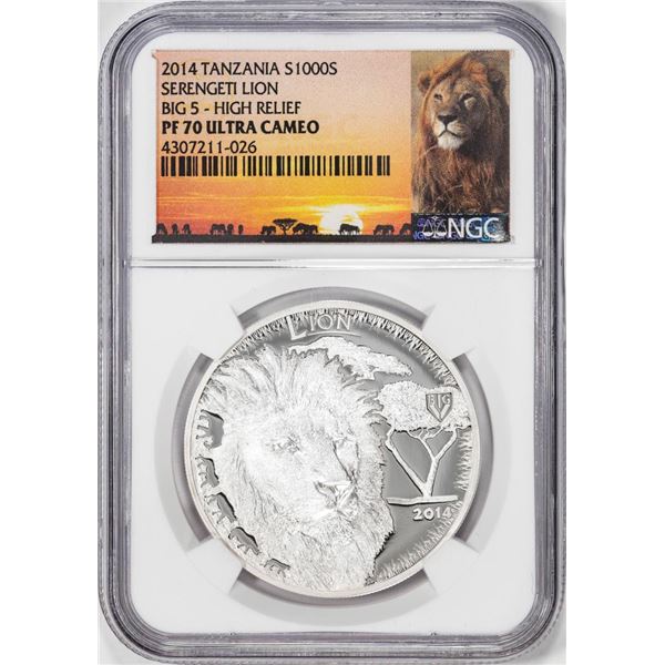 2014 Tanzania 1000 Shillings Serengeti Lion Big 5 HR Silver Coin NGC PF70 Ultra Cameo