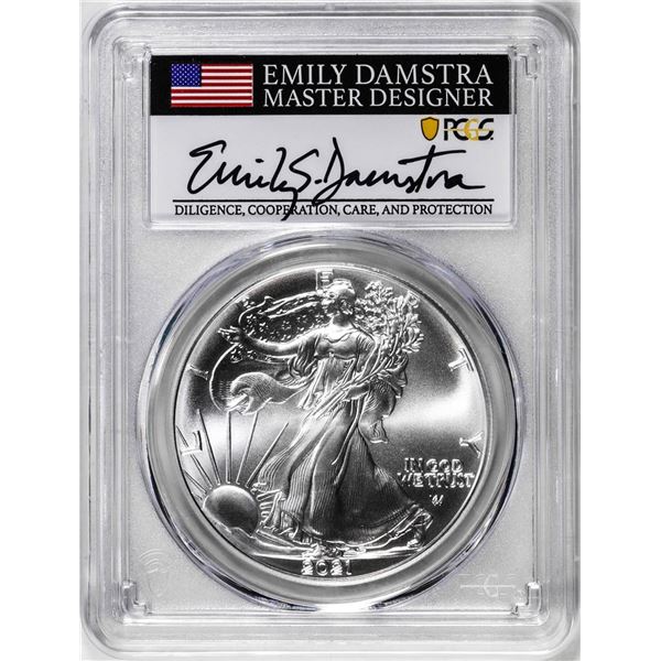 2021 Type 2 $1 American Silver Eagle Coin PCGS MS70 Damstra Signature First Strike