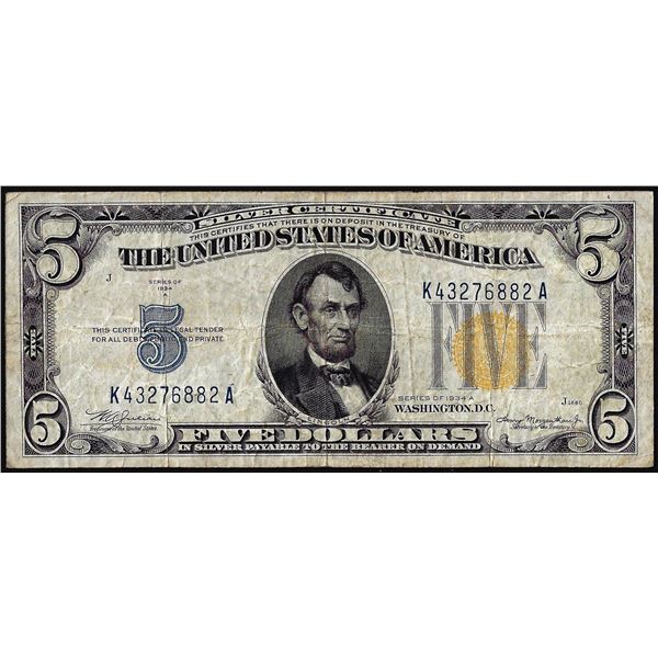 1934A $5 North Africa WWII Emergency Issue Silver Certificate Note