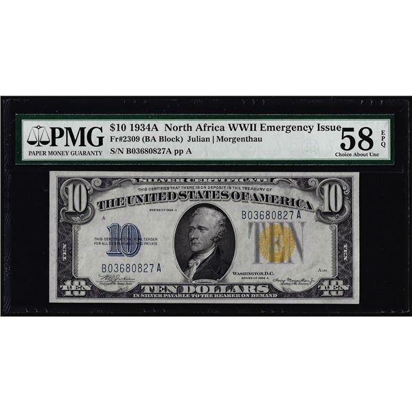 1934A $10 North Africa WWII Silver Certificate Note PMG Choice About Unc 58EPQ
