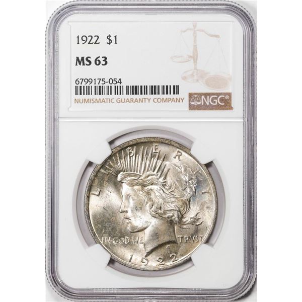 1922 $1 Peace Silver Dollar Coin NGC MS63