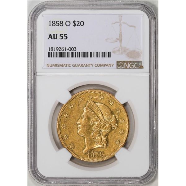 1858-O $20 Liberty Head Double Eagle Gold Coin NGC AU55