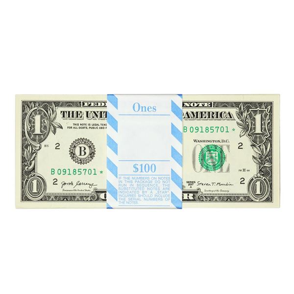 Pack of (100) Consecutive 2017A $1 Federal Reserve Star Notes New York