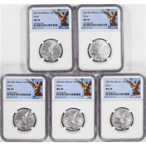Lot of (5) 2021-Mo Mexico 1/4 oz Silver Libertad Coins NGC MS70