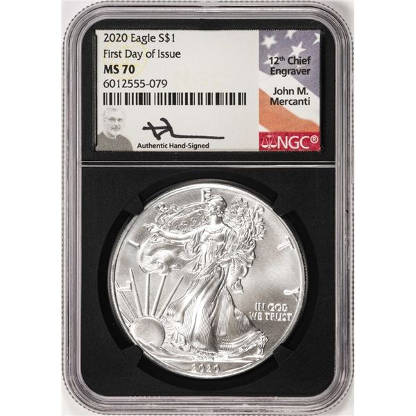 2020 $1 American Silver Eagle Coin NGC MS70 First Day of Issue Mercanti Signature