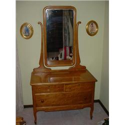 BIRDSEYE MAPLE LOWBOY DRESSER W/BEVELED MIRROR 68"T