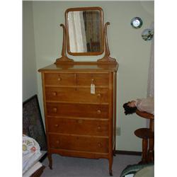 BIRDSEYE MAPLE HIGHBOY DRESSER W/BEVELED MIRROR