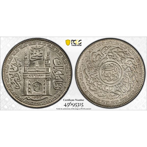 HYDERABAD: Mir Usman Ali, 1911-1948, AR rupee, AH1331 year 13, PCGS MS63