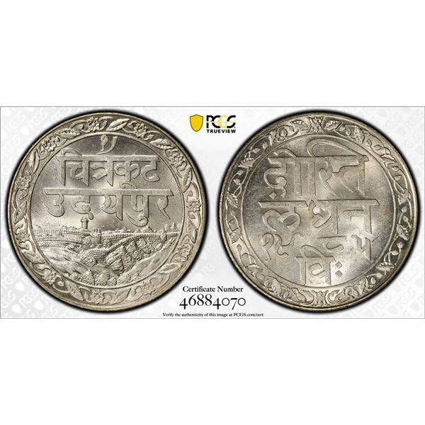MEWAR: Fatteh Singh, 1884-1929, AR rupee, Udaipur, VS1985 (1928), PCGS MS64