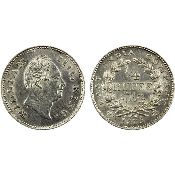 BRITISH INDIA: William IV, 1830-1837, AR 1/4 rupee, 1835(c), bold EF-AU
