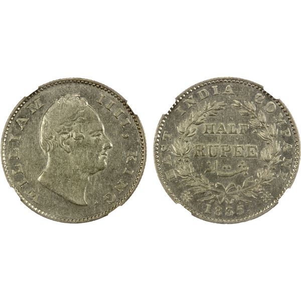 BRITISH INDIA: William IV, 1830-1837, AR 1/2 rupee, 1835(b), NGC AU55