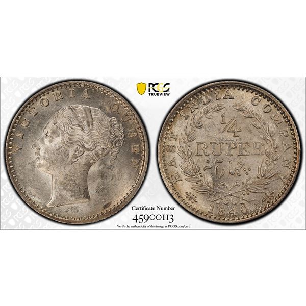 BRITISH INDIA: Victoria, Queen, 1837-1876, AR 1/4 rupee, 1840(c), PCGS MS62